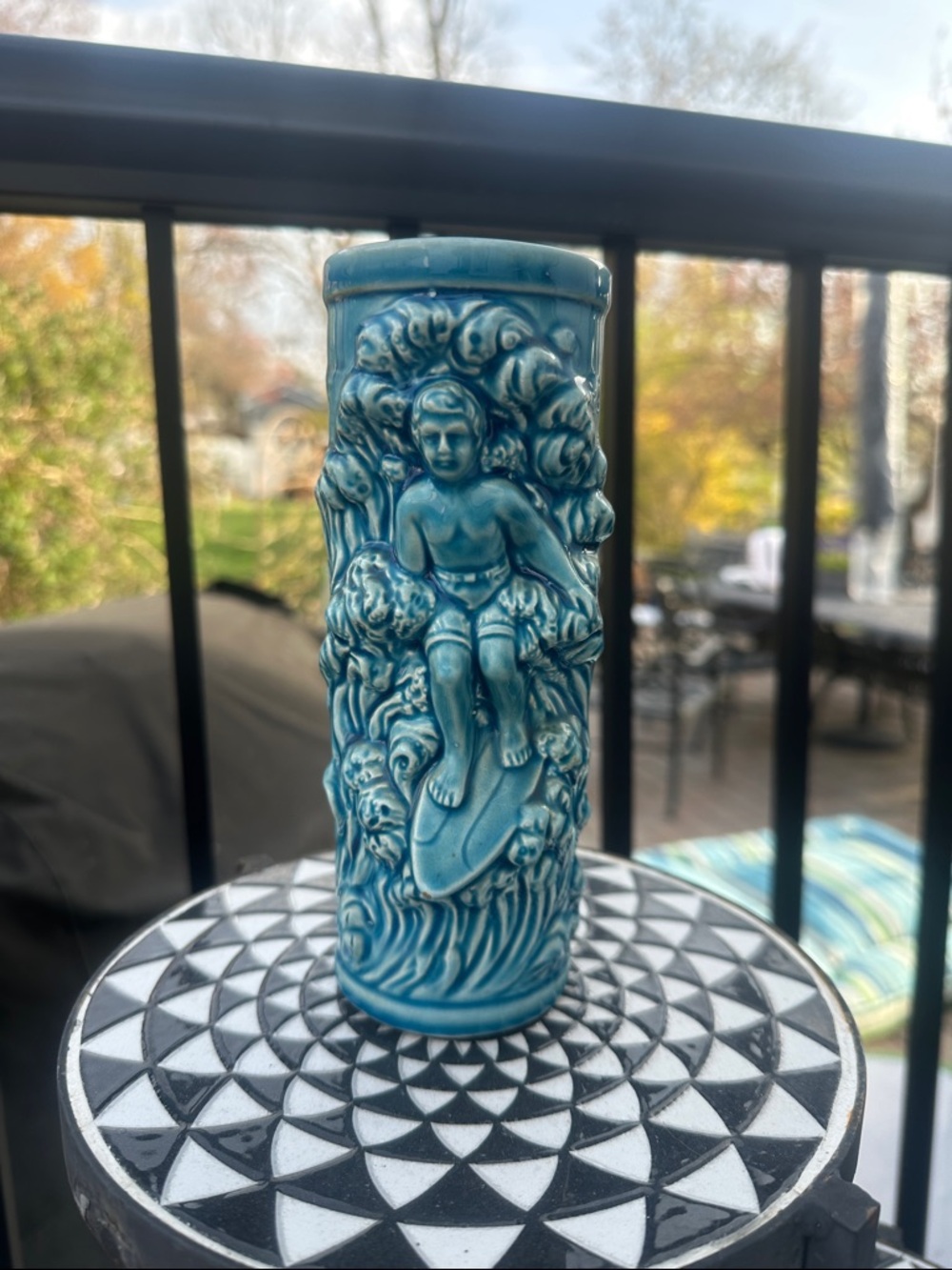 Ceramic Surfing Tiki Vase - Teal Blue